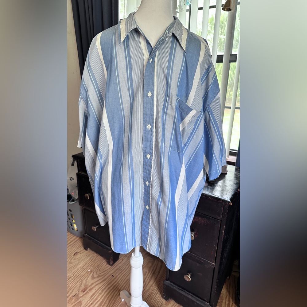 Puritan Blue and White Striped Casual Short Sleeve Button Down Shirt, 2XL